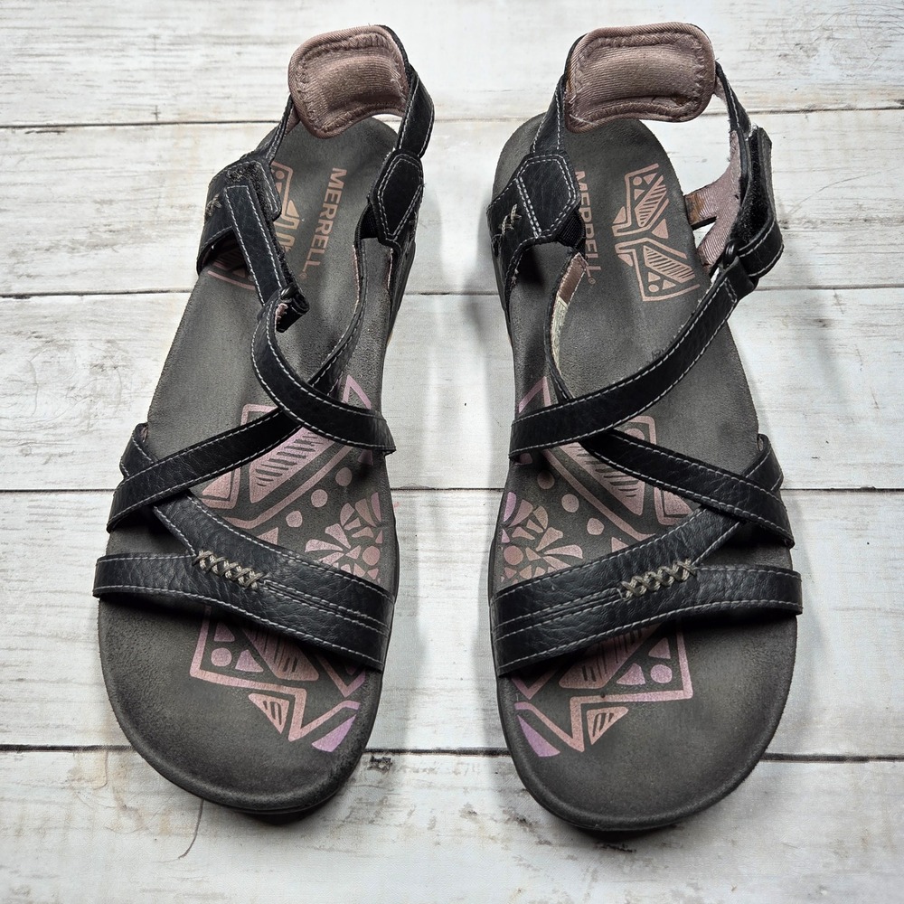 Merrell Terran Lattice II Strappy Sandals Womens 8 Black Lilac Leather Athletic